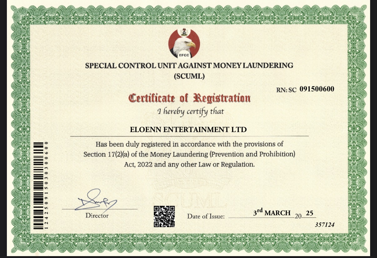 SCUML Certificate of Registration