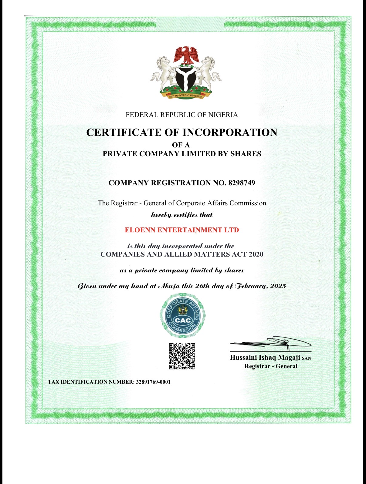 Certificate of Incorporation — Corporate Affairs Commission